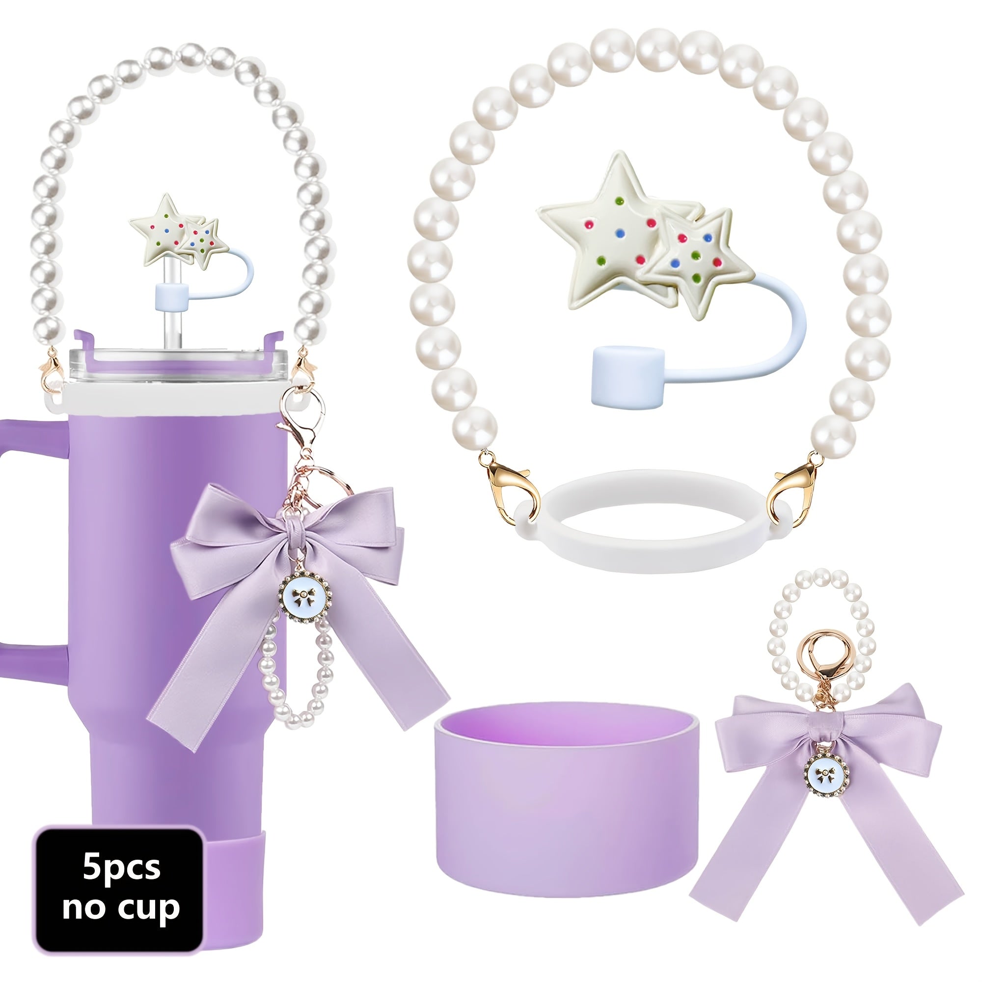 5pcs Tumbler Accessory Kit: Pearl Strap, Bow Keychain, Silicone Boot & Star Straw Cover - Compatible with 40oz & 30oz ST Cups - For Tumbler Enthusiasts - Perfect Gift for Birthdays & Holidays